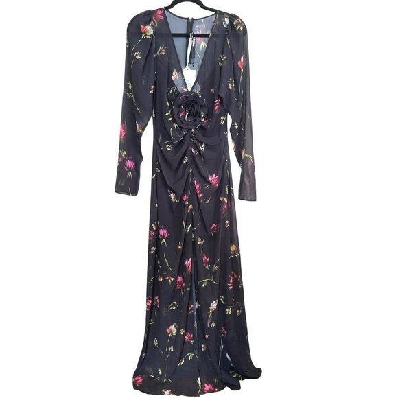 Rotate $469 Floral Size Small Maxi Dress Rosette Ruched Long Sleeve Formal NWT - Picture 5 of 13